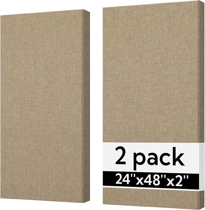 Olanglab Sound Absorbing Acoustic Wall Panels 2 Pack, 2'' 24''x48'' Fiberglass Sound Dampening Panels, Large Fabric Wrapped Sound Proof Panels for Walls (Khaki)
