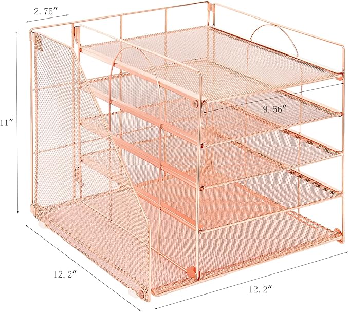 LEKETREE Desk Organizers and Accessories, 5-Tier Paper Letter Tray Organizer with File Holder, Desktop Organizer for Office Supplies (Rose Gold)