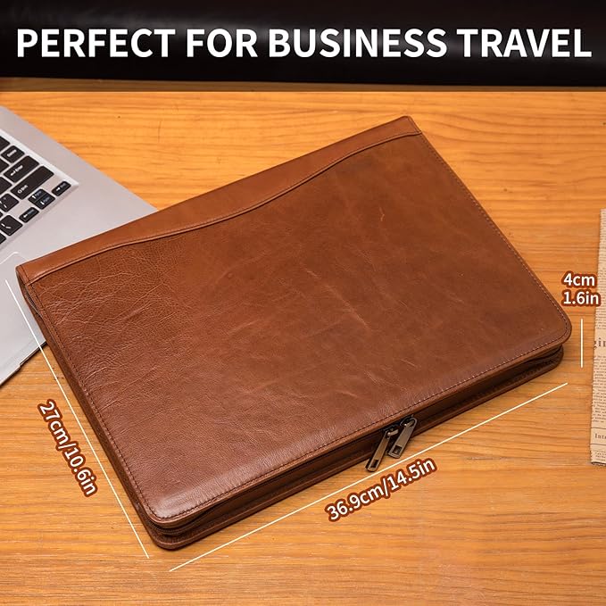 Geslun Genuine Leather Portfolio, Legal Size 8.5 x 14 Pad Holder, Business Padfolio for Men and Women, Zipper 14" Laptop Organizer, Executive Professional Work Travel Notepad Folio, Brown, Oil Tanned