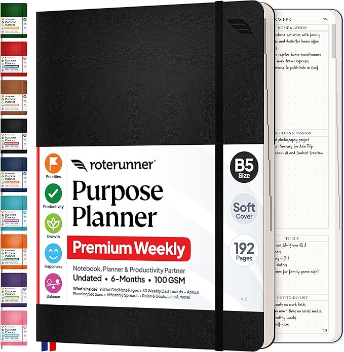 Roterunner Purpose Planner Notebook B5 7.5”x9.8” Undated 2026 Daily Weekly and Monthly Productivity Goal Setting Tool for Work Home ADHD Planner for Adults Self Care Journal