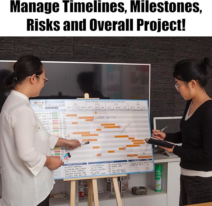 PMXBOARD Gantt Chart Project Whiteboard Kit | 668 Magnetic Pieces and Easel | Visual Timeline, Risks & Critical Path Planning | Ultimate Project Management Board for Teams