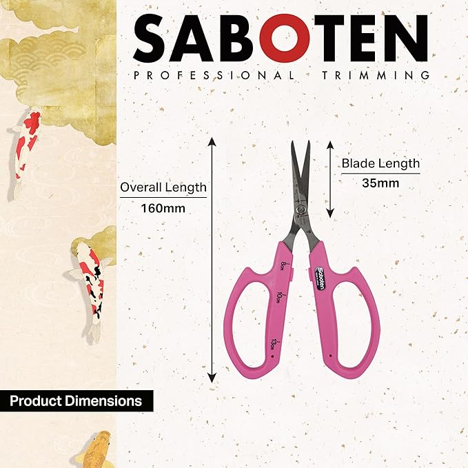 Saboten Stainless Steel Straight Blade Trimming Scissors Pink PT-12 160mm Precision Gardening Bonsai and Floral Shears Made in Japan