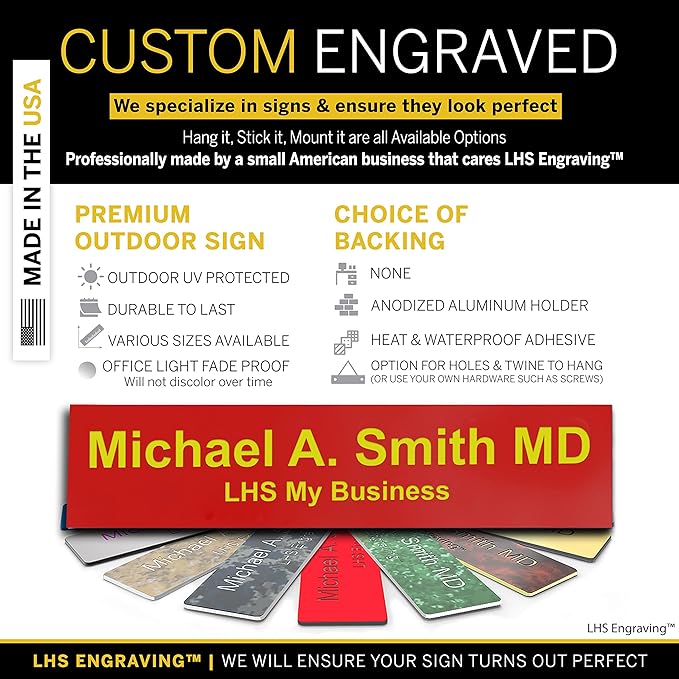 Custom Name Plate for Doors, with Choice of Mounting Holders for Walls, Doors, Cubicles, Hanging and More - Personalized Red Plastic Yellow Letters - USA Made 2x6 - B22