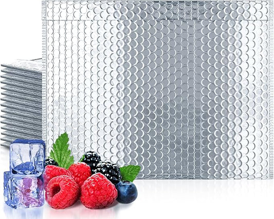 Amiff Silver Thermal Bubble Mailer, 24 x 20 Inches. 50 Pack Metallic Bubble Mailers. Self-Seal Insulated Mailers for Cold Shipping. Padded Envelopes Waterproof. Thermal Bag for Food, Cosmetics