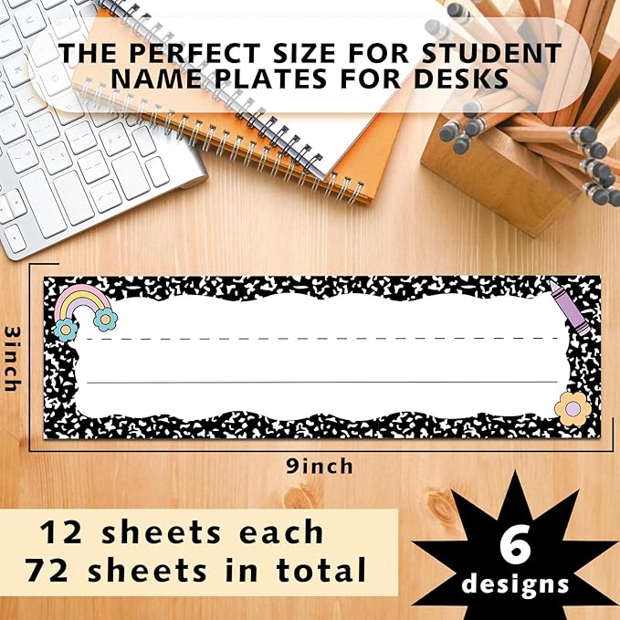 AmazingSpark 72 Pcs Composition Notebook School Name Tags for Classroom Desks in 6 Styles Composition Classroom Decor 9 x 3 Inches Desk Nameplates for Student Name Tag Labels Kindergarten Preschool