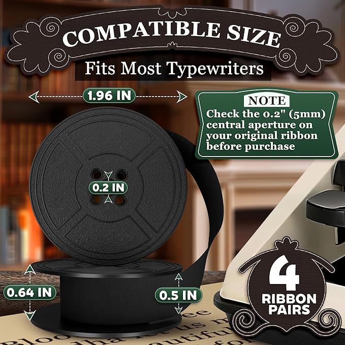 4 Pairs Typewriter Ribbon - Black Typewriter Ink Ribbon with 0.2 Inch/5mm Central Aperture, Durable Twin Spool Replacement - Reliable Print Quality, Compatible with Most Typewriters