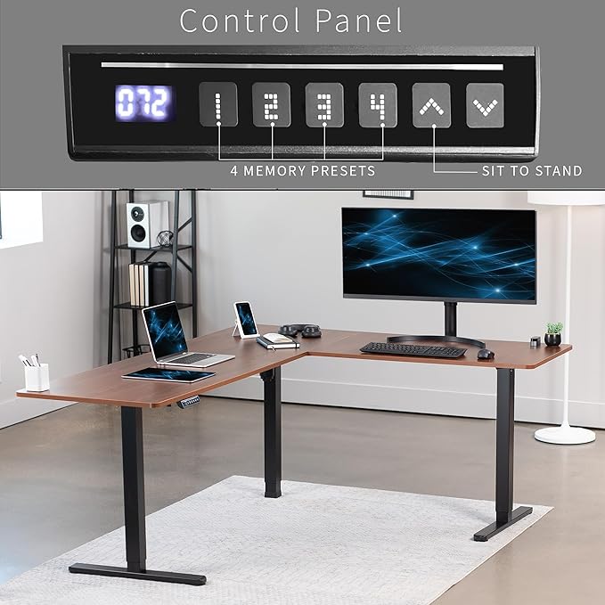 VIVO Electric Corner 75 x 63 inch L-Shaped Standing Desk, Memory Height Adjustment, Dark Walnut Top Black Frame, DESK-E3CTD-75