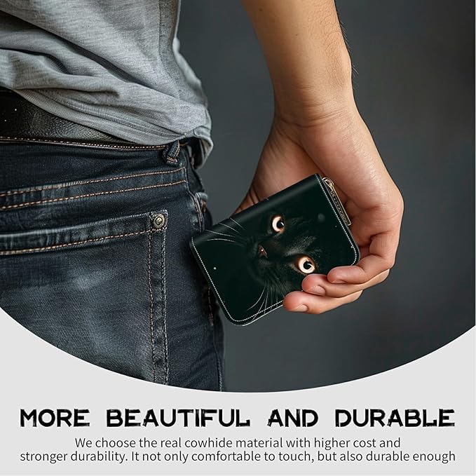 BWEGRHE Cute Credit Card Holder with Zipper, Black Cat Glitter RFID-Blocking Card Case Small Wallet for Women Men, Multi-slot Card Organizer Case Travel Accordion Wallet