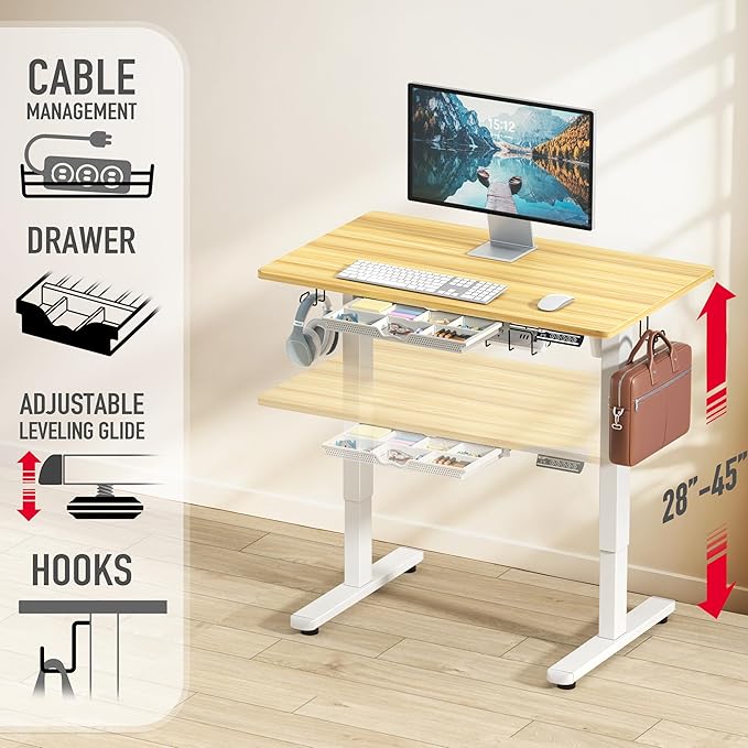 SHW 40-Inch Electric Height Adjustable Standing Desk with Drawer, Memory Preset and Cable Management Tray, Oak