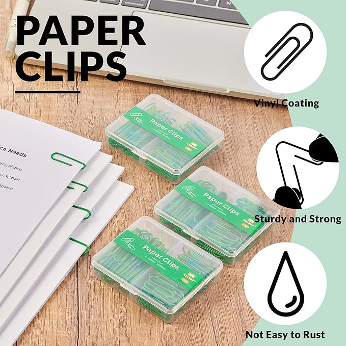 NEEWAY Colorful Paper Clips Assorted Sizes, Small and Large Paperclips, 210 Count, 3 Pack of 70 (Green)