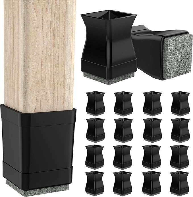 Square Chair Leg Protectors for Hardwood Floors, 16 Pcs Silicone Felt Furniture Leg Cover,Black.1.575" to 1.811".