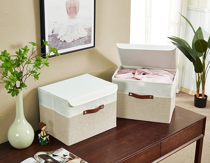 DECOMOMO Fabric Storage Bins with Lid, Storage Baskets for Shelves (Beige and White, 3 Pack)