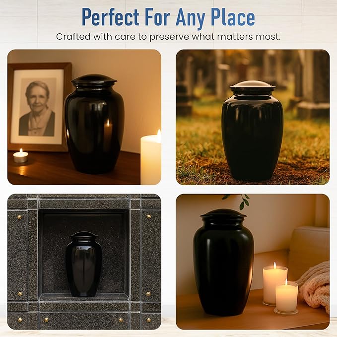 Modern Memorials Cremation Urn for Ashes - Large Urn for Man & Women - 200 Cubic Inches - Includes Velvet Storage Bag - Black