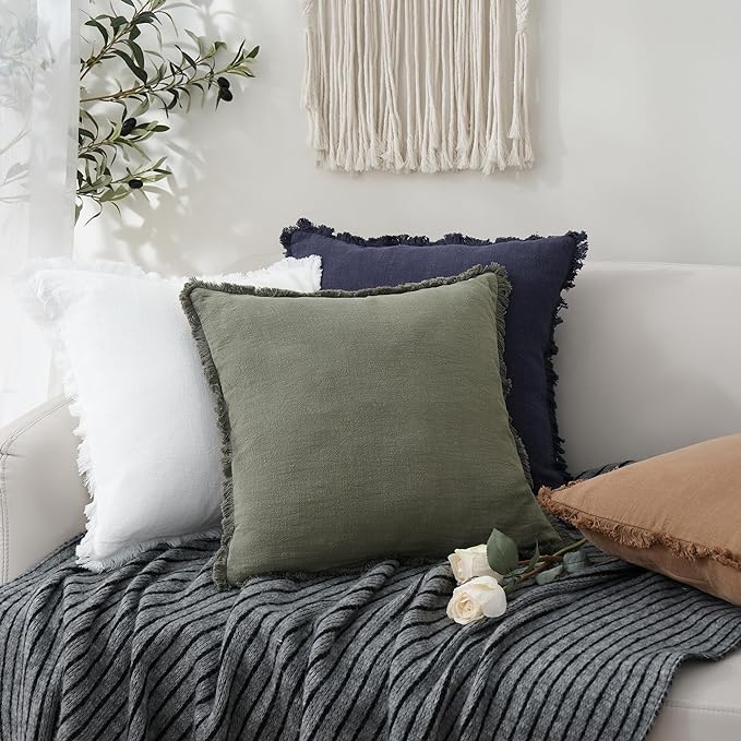Foindtower Set of 2 Decorative Linen Fringe Throw Pillow Covers Cozy Farmhouse Boho Cushion Cover with Tassels Soft Accent Pillowcase for Couch Sofa Bed Living Room Home Decor 20×20 Inch Olive Green