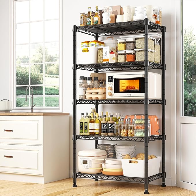REIBII 1000LBS Wire Shelving Unit, 5 Tier Adjustable Metal Storage Shelves for Kitchen Pantry Office Steel Organizer Wire Rack for Narrow Space, 13.4" D x 23.2" W x 60" H, Black,2PCS