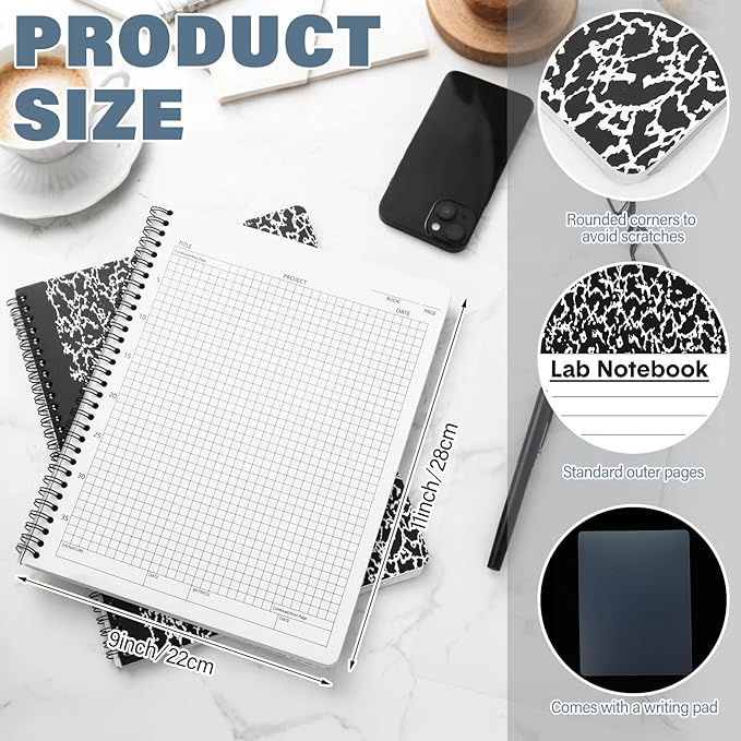 Affrolling 2 Pack Carbonless Lab Notebook Carbon Copy 8.5'' X 11'' Laboratory Engineering Chemistry Computation Notebook Science Grid Contains 50 Sets of Pages 100 Pages Total Coil Binding(Black)