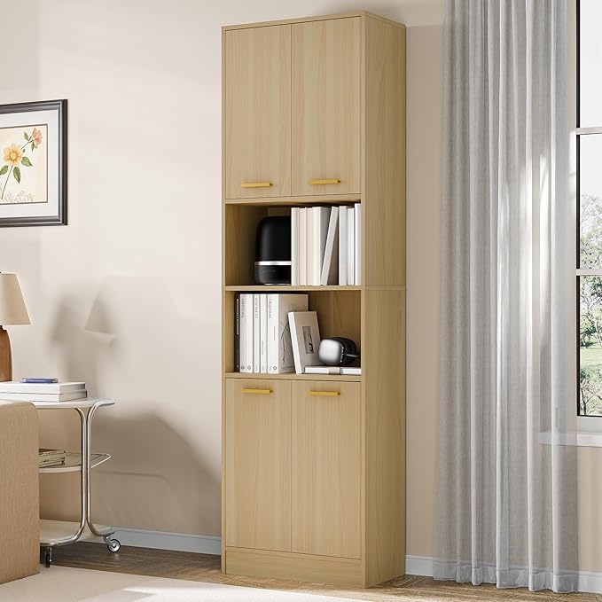 Cozy Castle Kitchen Pantry Cabinet, 75" Tall Wood Storage Cabinet with Doors and Shelves, 4 Doors Open Countertop Utility Hutch Cupboard for Dining Room Living Room Bathroom Furniture, Oak
