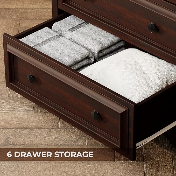 VVFLU Farmhouse 6 Drawer Dresser, 48" Tall Dresser Chest of Drawers with Natural Texture & Metal Handles, Storage Dressers Organizer for Bedroom, Living Room, Hallway, Vintage Design (Cherry)