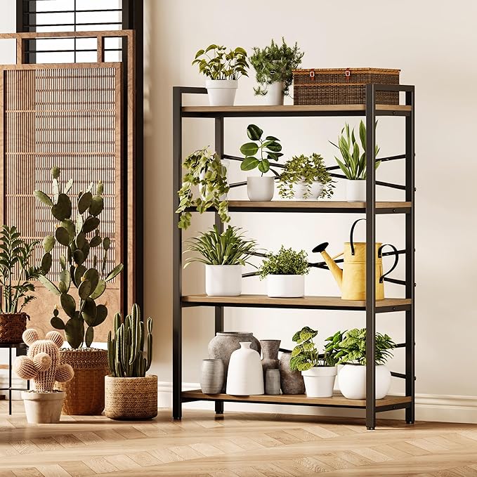 4 Tier Bookshelf 31.49" Width, Tall Book Shelf Storage and Organization, Wooden and Metal Industrial Bookcase, Large Book Shelves for Home Living Room Bedroom Office Storage(Light Coffee)