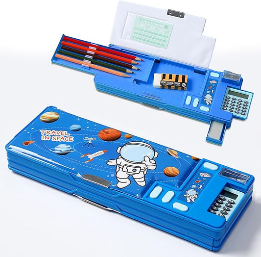 Ristpal Pop Up Multifunction Pencil Case, Cute Cartoon Pen Box Organizer Stationery with Calculators, Sharpener, Schedule, School Supplies, Best Birthday Gifts for Kids Teens (Blue)