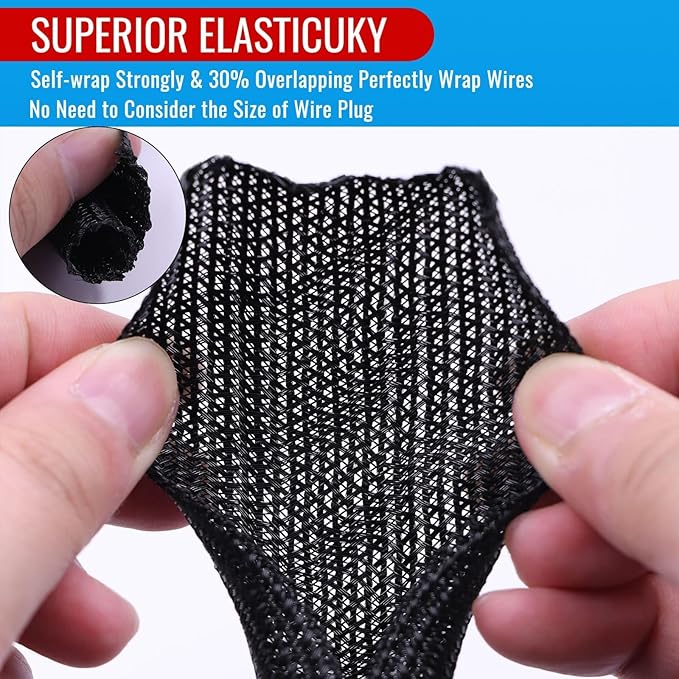 Flauzmann 3/8" Braided Cable Sleeve - 10Ft Cat Cord Protector Split Wire Loom Tubing Flexible Self Wrapping for USB, Audio, Automotive Cord, Dog Chew Proof Cable Protector - Black