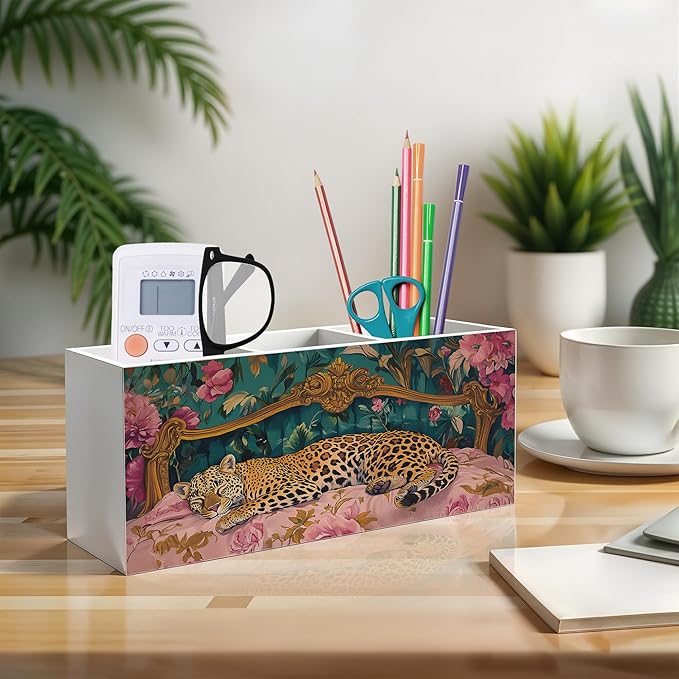 Exqcom Trendy Retro Leopard Pen Pencil Holder, Leopard Print Gifts for Women, Eclectic Maximalist Sleeping Cheetah Pencil Pen Holder Organizer for Home Office Desk Accessories