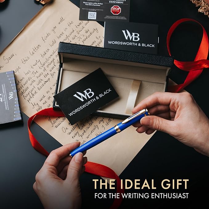 Wordsworth & Black Fountain Pen Set, 18K Gilded Broad Nib, Includes 24 Pack Ink Cartridges, Ink Refill Converter & Gift Box, Gold Finish, Calligraphy, [Imperial Blue], Perfect for Men & Women