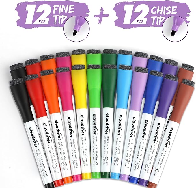 cloudriver Magnetic Dry Erase Markers, 24 Pack Whiteboard Markers - 12 Fine Tip And 12 Chisel Tip, 12 Colors Low Odor Dry Erase Marker With Eraser Cap