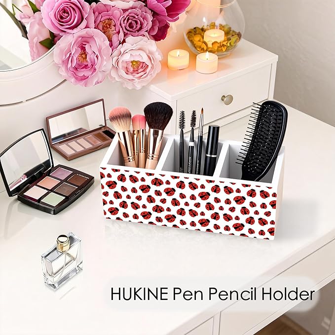 HUKINE Red Ladybug Pen Holder for Desk Decoration, Ladybug Gifts for Women Wooden Box Sign Pencil Holder Organizer for Home Office Desk Accessories, Lady Bug Gifts