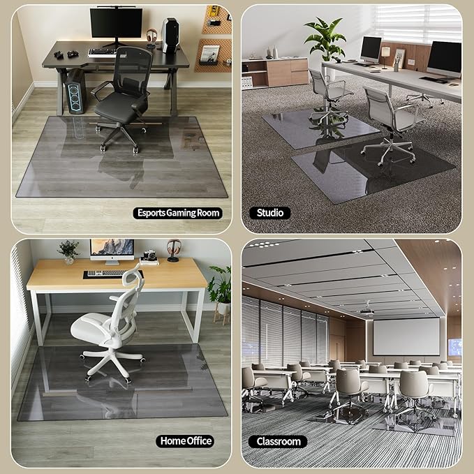 Koonmi Tempered Glass Chair Mat for Hardwood Floors & Carpets, 46" x 55“ Grey Heavy Duty Office Floor Protector, Scratch & Dust Concealing, Noise-Free for Home Office Desk