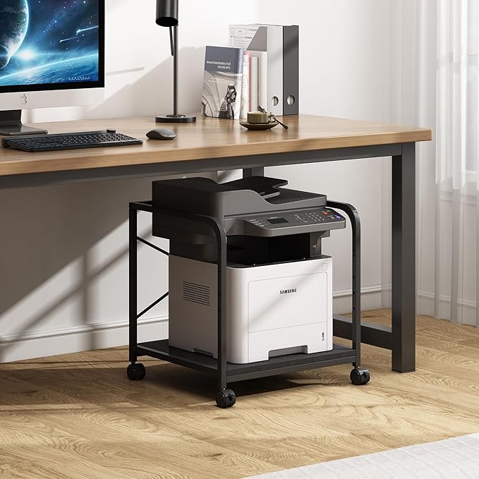Fannova 2 Tier Under Desk Printer Stand with Storage, 20 Inches Deep Large Printer Table with Height Adjustable Shelf, Rolling Printer Cart with Wheels for Home Office - Black