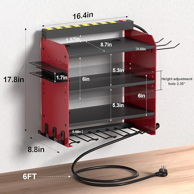 CFMASTER Power Tool Organizer Wall Mount with Charging Station - Heavy-Duty Cordless Drill Holder,Adjustable Tool Storage Rack for Garage,Workshop,Wall-Mounted Tool Organizer Gifts for Fathers Day