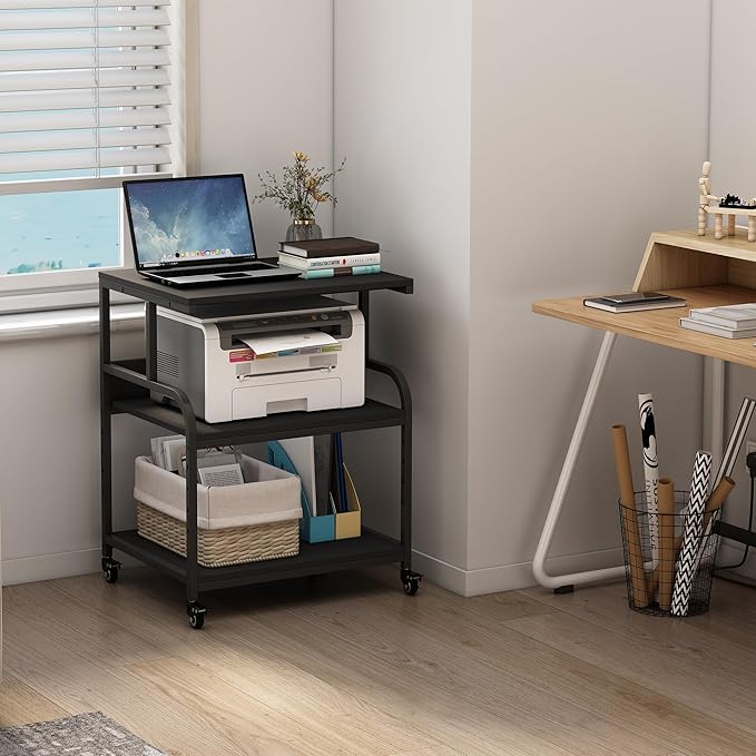 Fannova Printer Stand, 23.6 x18.9 x 30 Inches Large Printer Table with Adjustable Storage Shelf, 3 Tier Rolling Printer Cart with Wheels for Home Office, Stand for Heat Press Mini Fridge, Black