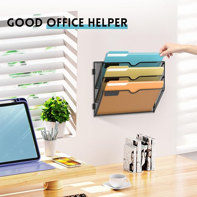 SUPEASY Wall File Organizer Mesh Office Mail Holder, Hanging Wall Organizer Magazine Rack for Office Black, 3 Tier, 2Pack