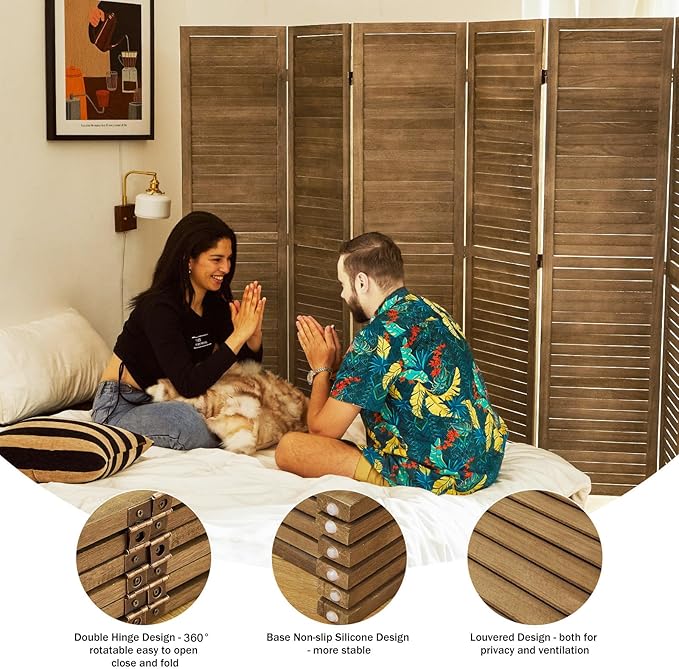 Room Dividers and Folding Privacy Screens, Wood Louvered Separators Divider Wall for Home Office Bedroom - 6 Panels, 67 * 90inch (Brown)