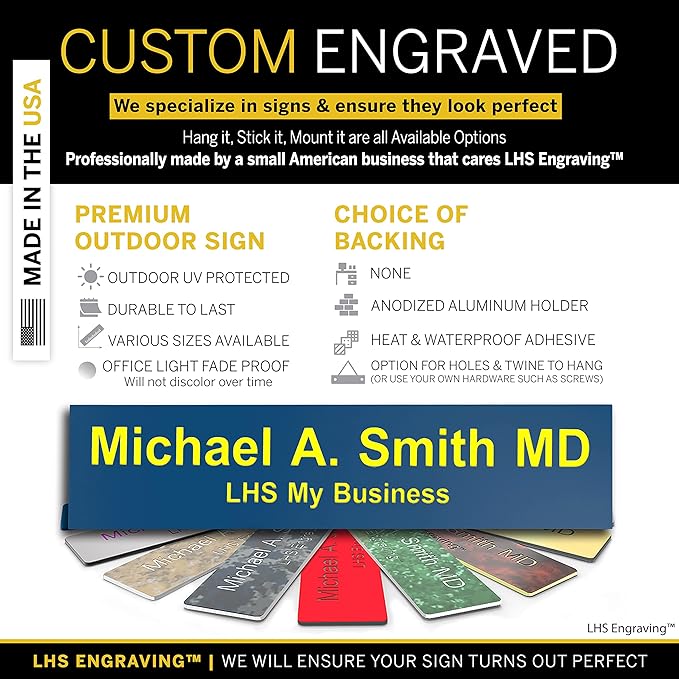 Custom Name Plate with Choice of Mounting for Walls, Doors, Cubicles, Hanging and More - Personalized Blue Plastic Yellow Letters - USA Made 2x10 - B20
