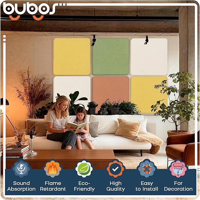 BUBOS 4 PCS Acoustic Panels,Fabric Soundproof Wall Panels,Self-adhesive Sound Absorbing Panels for Studios, Office, Home Theater (Ember, 23.6''x23.6'')