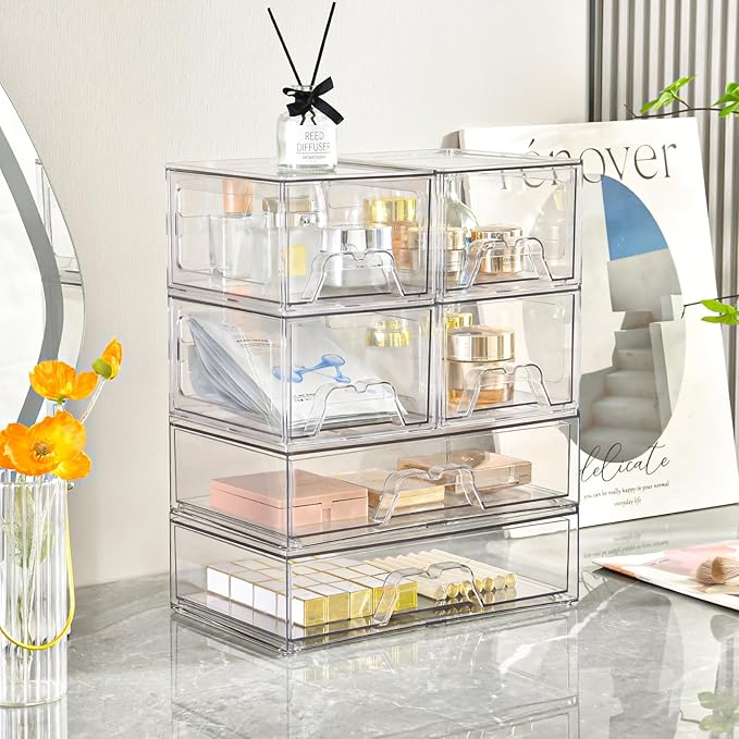 Stebopum 3 Pack Stackable Storage Drawers Clear Acrylic Organizer Makeup Bathroom Organizer and Storage for Beauty Supplies,Ideal for Vanity, Cabinet,Bathroom,Pantry Organization