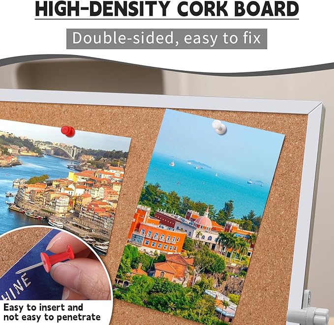 kdafio 11.81"×11.81" Cork Board Bulletin Board, Double Sided Pin Board with Silver Aluminum Border, Desktop Small Cork Board with Stand Suitable for Home, Office, Desk Message Board or Picture Board