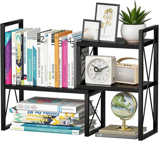 Yelinkws Desktop Shelf Organizer,Small Bookshelf for Office,Wood Desk Top Shelves, Office Organization and Storage (Black)