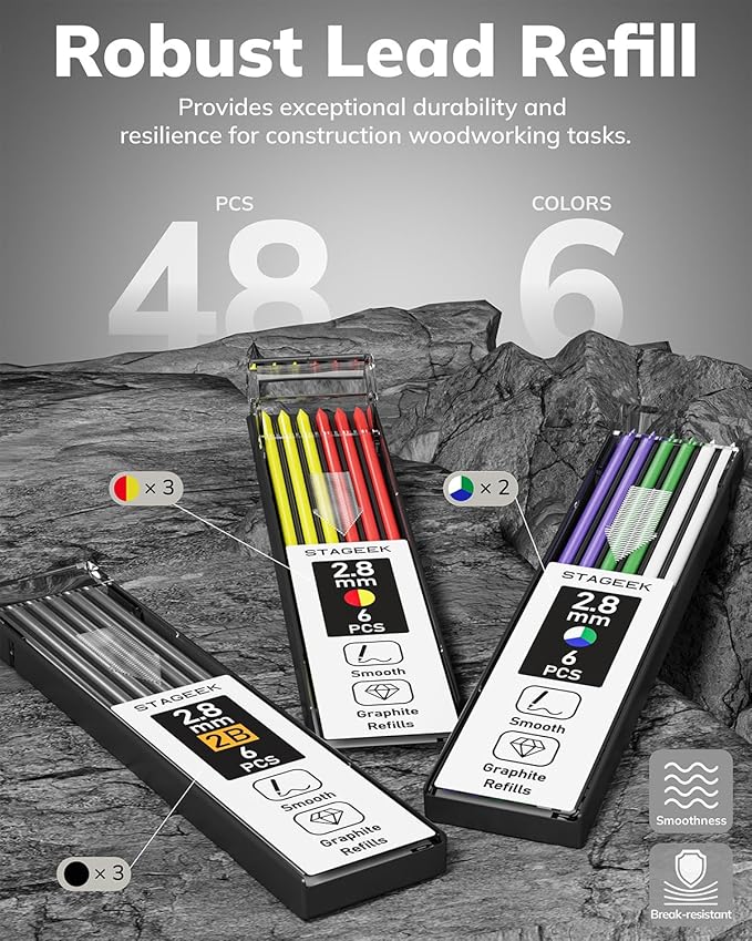 STAGEEK 4PCS Carpenter Pencils with Sharpener, Heavy Duty Woodworking Pencils, Mechanical Carpenter Pencil with 52 Refills, Deep Hole Long Nib Marker Pens for Architect Construction Marking with Case