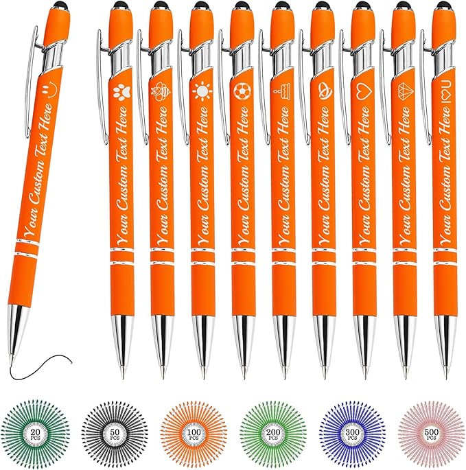 Custom Pens Bulk Personalized Ballpoint Pen with Stylus Tip Customized Engraved Pens with Name Logo Soft Black Ink with Touch Metal Office for Business Office Teacher School Corporate Gifts Orange