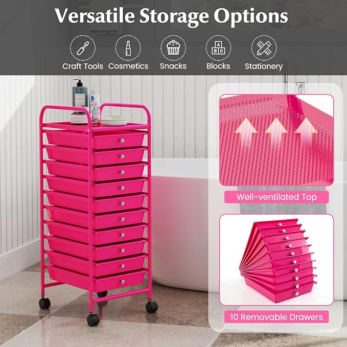 GLACER 10 Drawers Rolling Cart, Storage Cart with w/Removable Drawers & Steel Frame, Utility Mobile Trolley w/Universal Casters & 2 Brakes, Organizer Cart for Home, School, Office (Hot Pink)