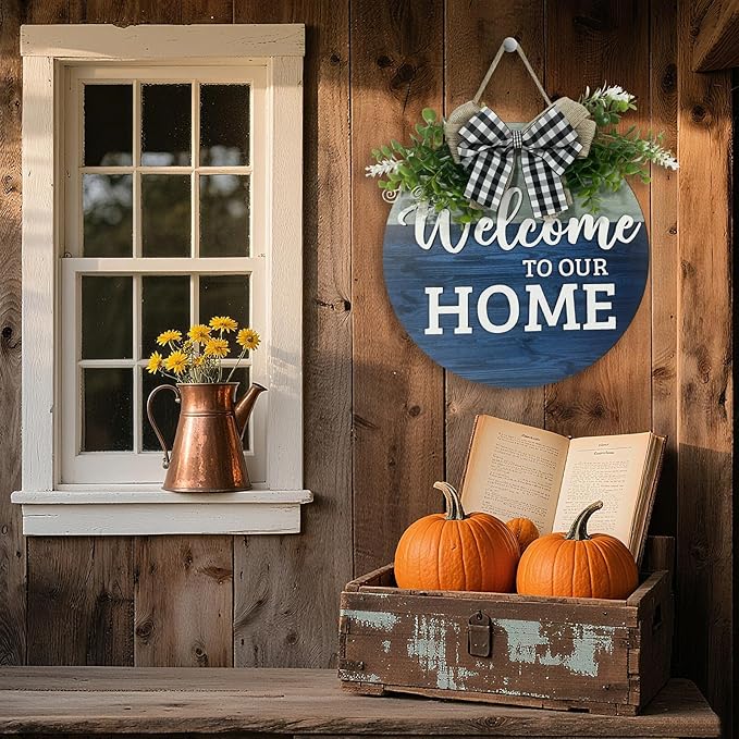 VPDTVK Welcome Sign for Front Door, Rustic Welcome Door Sign Outdoor Wreaths Decor for Spring Summer Autumn and Winter All Seasons Holiday Halloween Christmas(Blue)