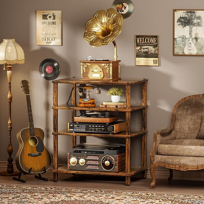 4-Tier AV Media Player Stand, Brown Stereo Cabinet, Modern Stereo Cabinet, Wooden TV Stand,Game Console Shelf, Multifunctional Entertainment Center, Suitable for Home, Conference Room, Game Studio