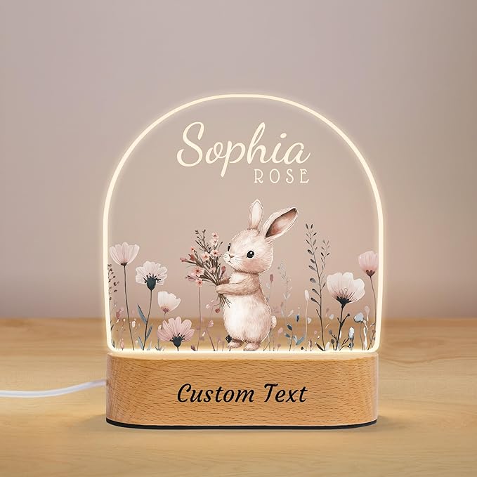 7GEEFT Personalized Baby Gifts for Kids, Custom Animal Acrylic Plaque Sign Name Night Light, Birthday Newborn Baby Shower Gifts for Boys Girls, Children Nursery Room Bedroom Decor, Flower and Rabbit