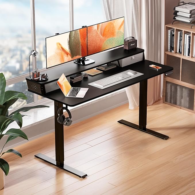 Kingant 48 x 24 Inch Electric Standing Desk with Dual Drawers, Height Adjustable Sit to Stand Computer Desk with Storage Shelf and C-Clamp Mount Compatibility for Home Office, Black
