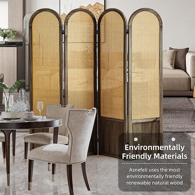 Asnefeli 4 Panel Room Divider Wall, Folding Privacy Screen, Foldable Wood Divider Room Dec, Rattan Room Divider, Portable Partition Screen, Wall Divider for Room Separation Home Office (Brown)