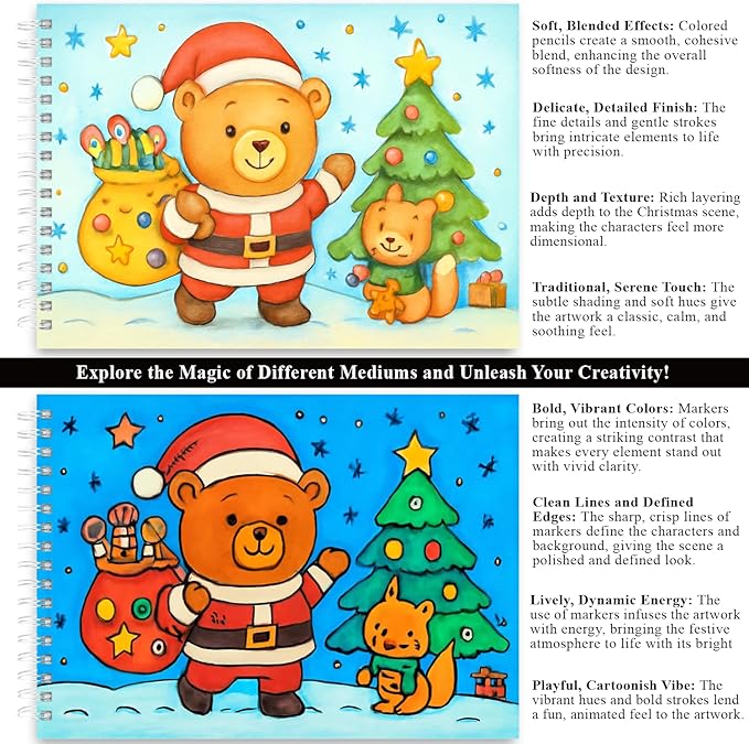 Fuxi Christmas Coloring Books for Kids Ages 8-12, 60 Sheets (73lb/120gsm) Blank Sketchbook + 50 Designs Blank Coloring Book, Coloring Supplies & Art Supplies for Kids.