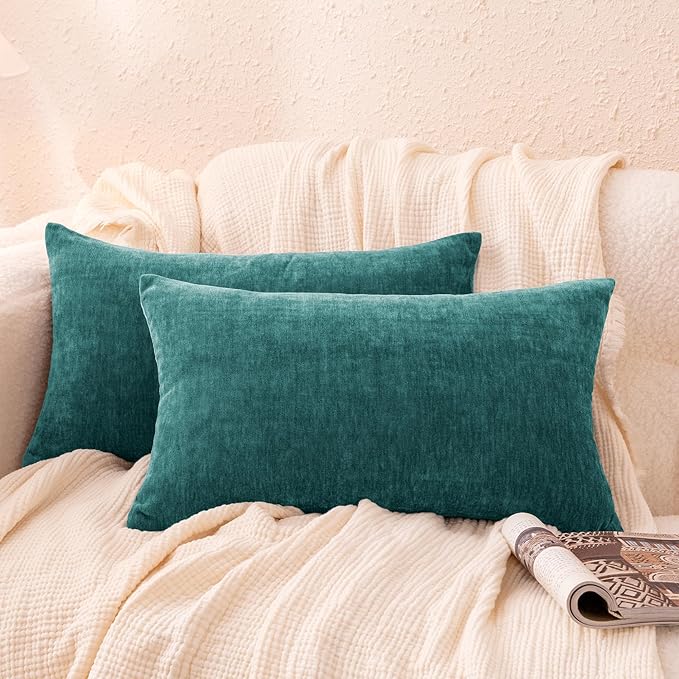 Amazon Basics Chenille Throw Pillow Covers, Home Decor Lumbar Cushion Cover for Bedroom Living Room Couch Bed, 12" W × 20" L, Deep Teal